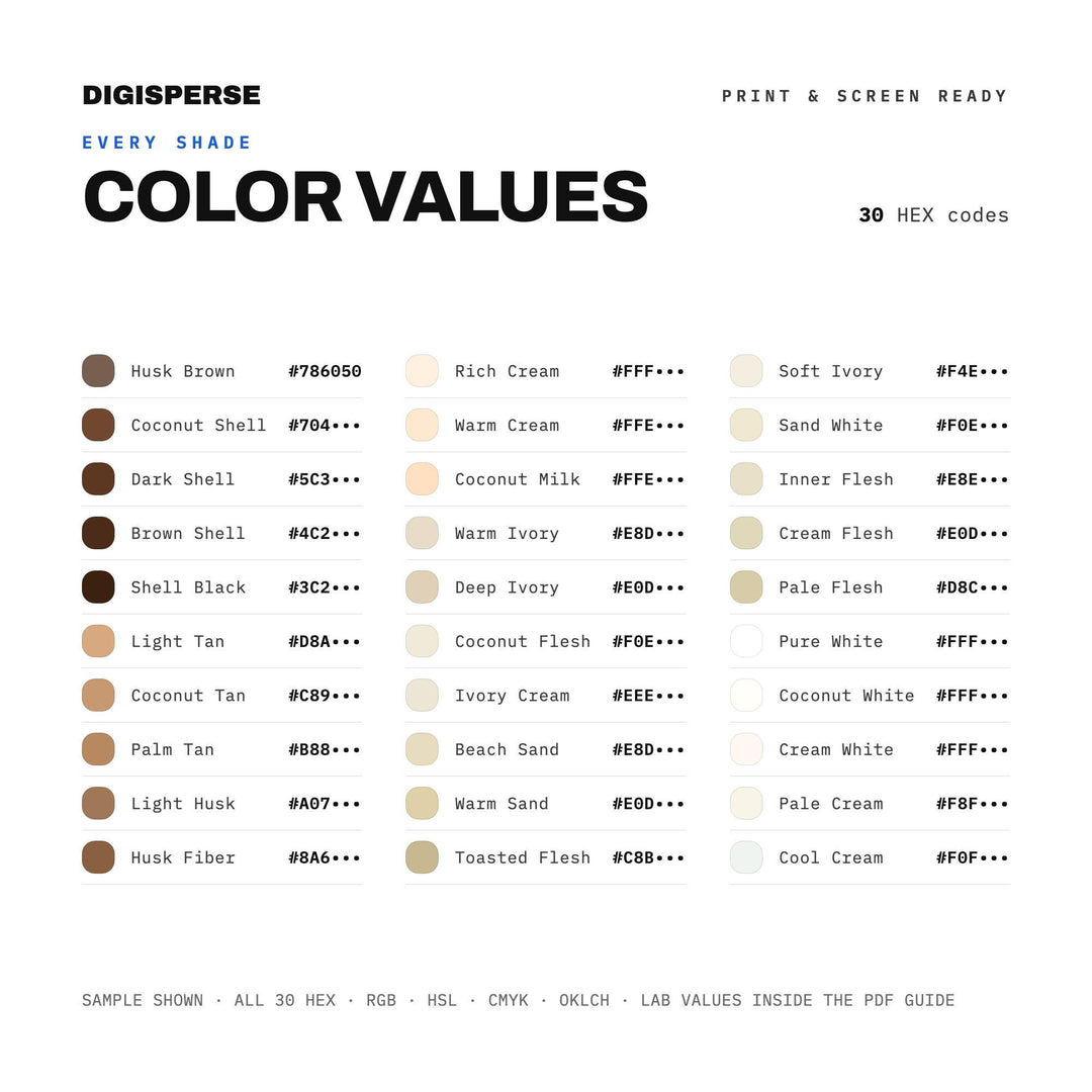 Coconut Cream Color Palette | 30 Colors | Hex RGB CMYK | Color Guide | Procreate Swatches + ASE | Digital Download