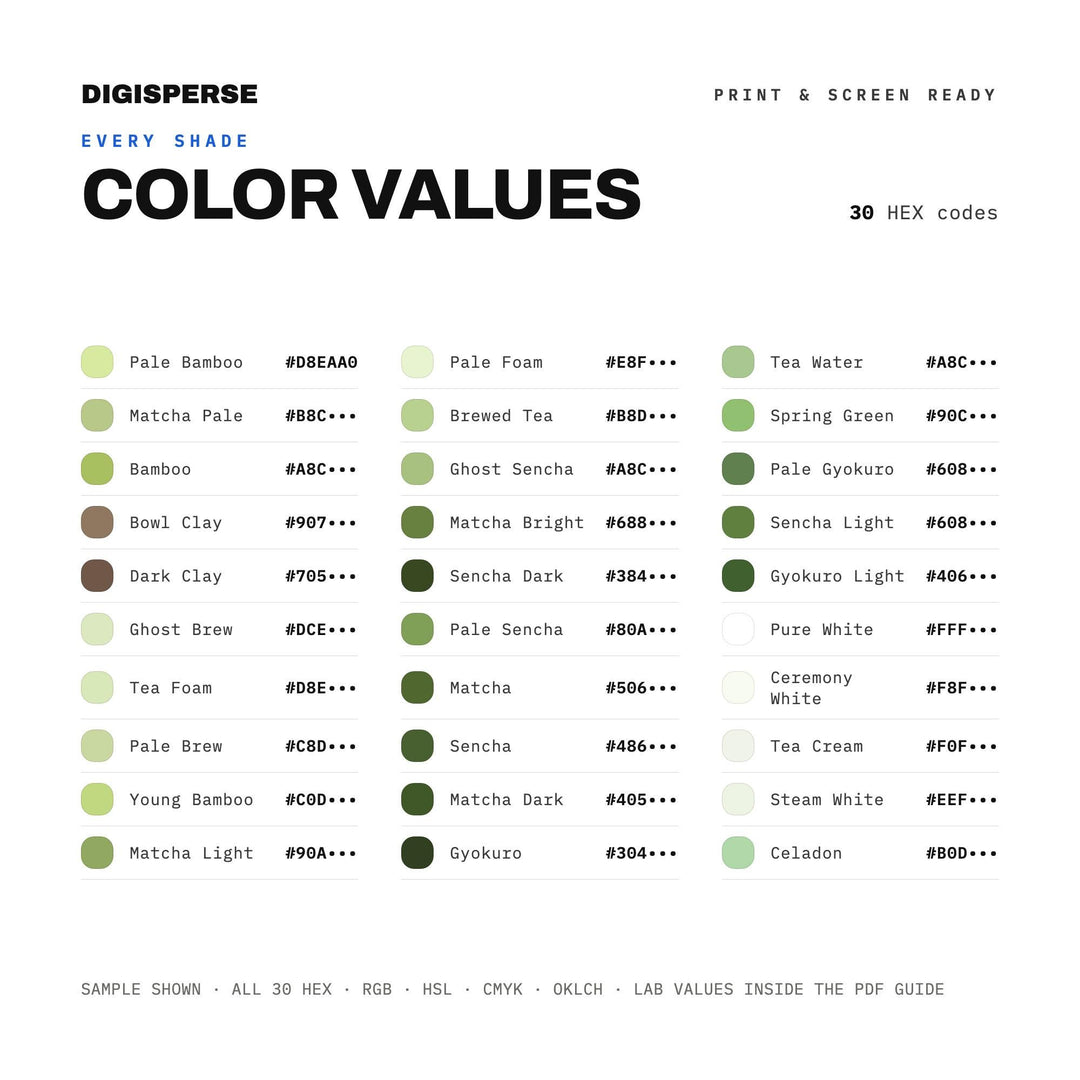 Green Tea Color Palette | 30 Procreate Swatches, ASE Guide (Digital Download)