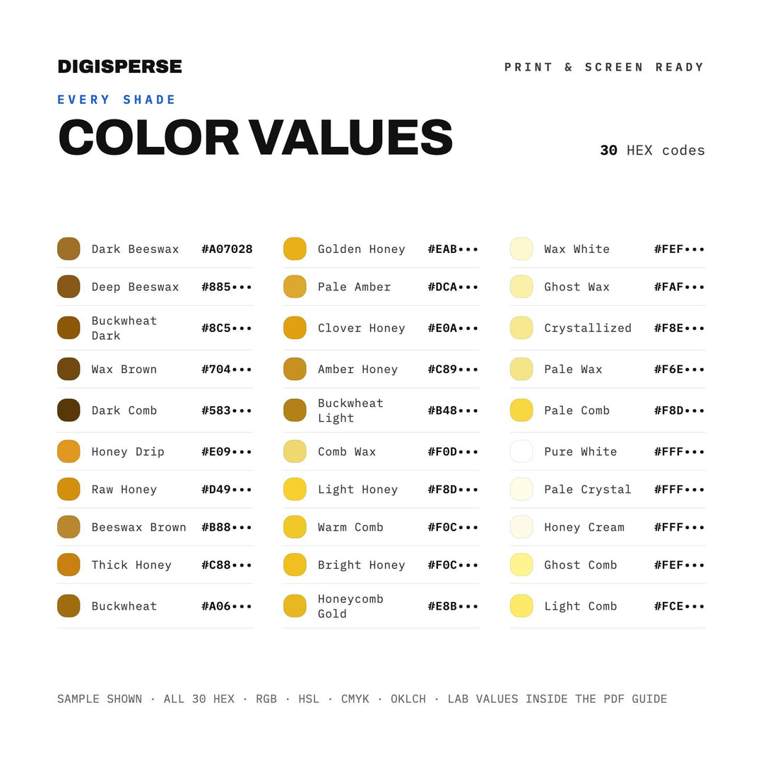 Honey Drizzle Color Palette | 30 Warm Tones, Procreate, ASE (Digital Download)
