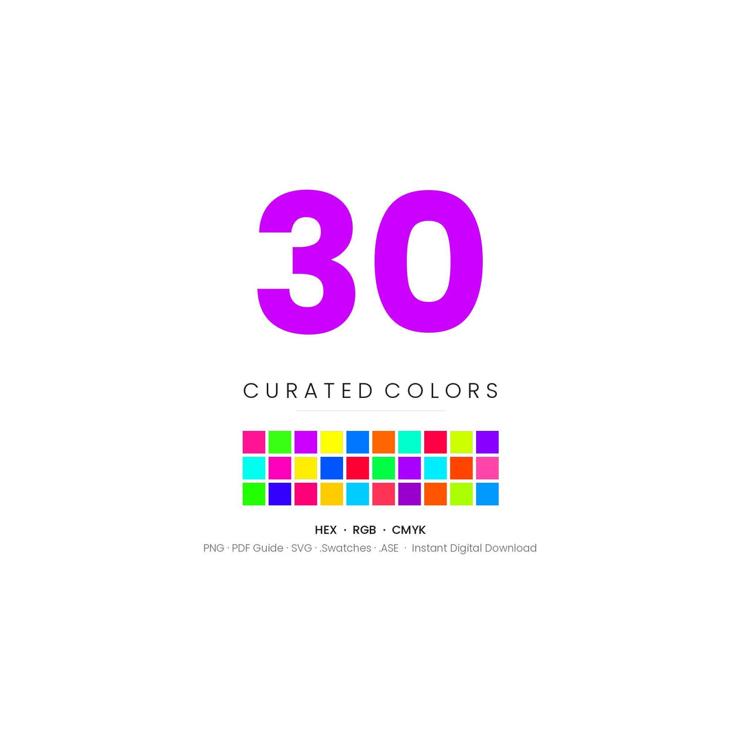 80s Neon Color Palette | 30 Colors | Hex RGB CMYK | Color Guide | Procreate Swatches + ASE | Digital Download