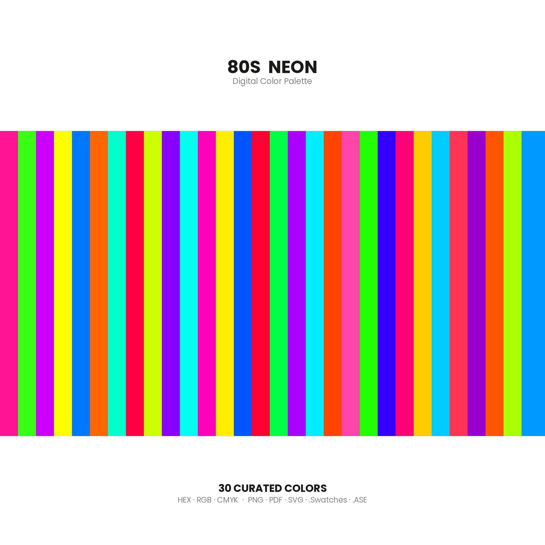 80s Neon Color Palette | 30 Colors | Hex RGB CMYK | Color Guide | Procreate Swatches + ASE | Digital Download