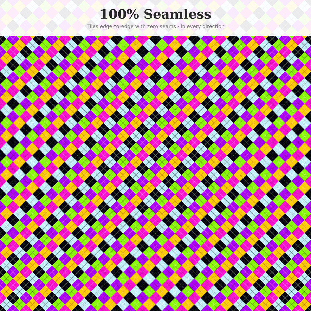 Bright Synthwave Argyle Digital Paper for Y2K Craft Projects, Seamless Electric Diamond Grid for Fabric and Party Printables