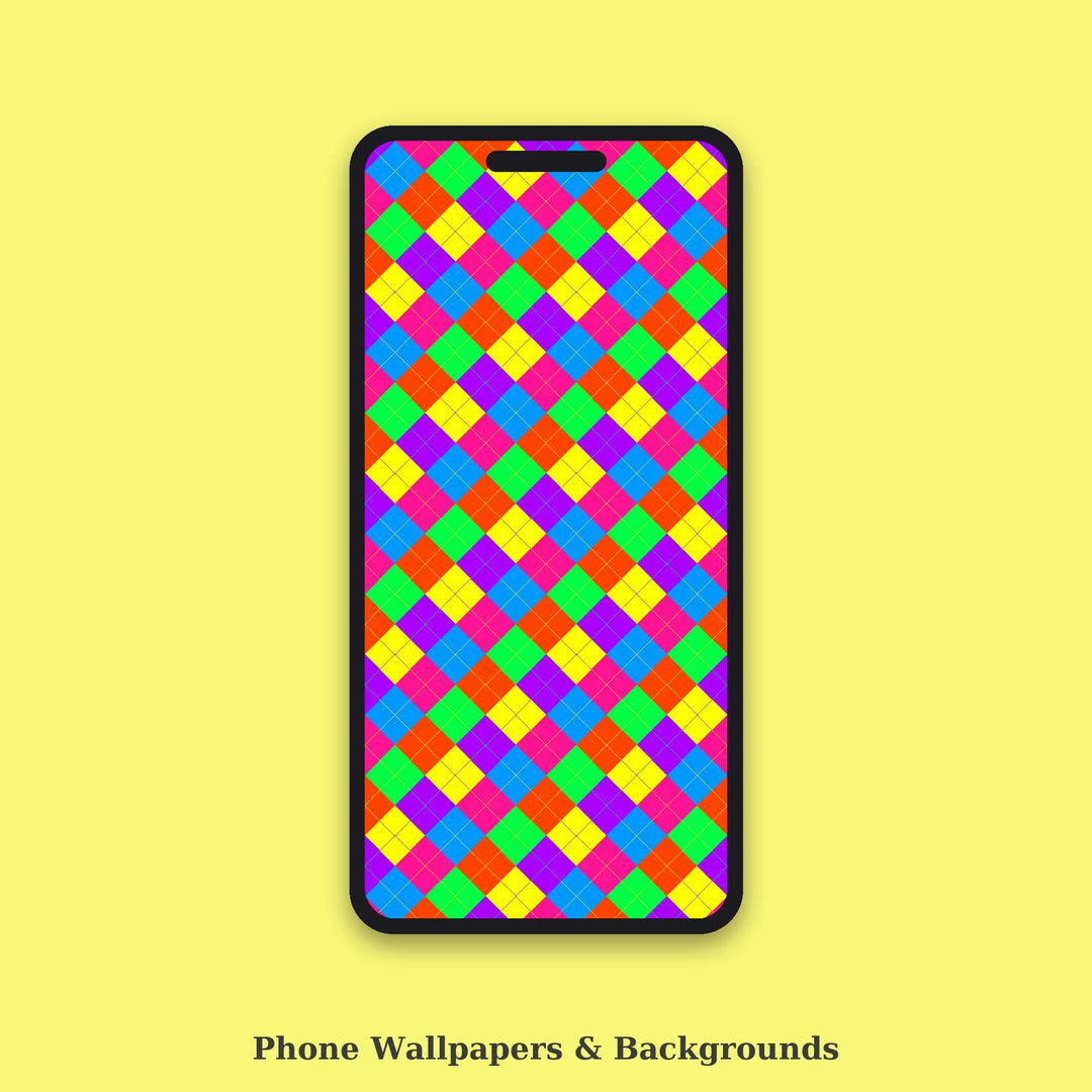 80s Neon Argyle Digital Paper for Retro Party Crafts, Seamless Bright Diamond Check for Sublimation Shirts and Scrapbooking