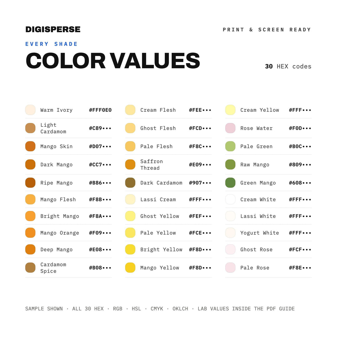 Mango Lassi Color Palette | 30 Colors | Hex RGB CMYK | Color Guide | Procreate Swatches + ASE | Digital Download