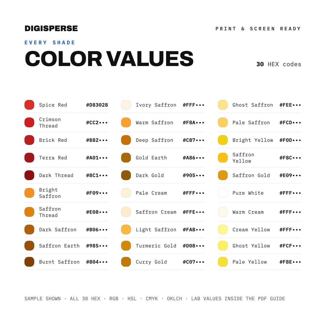 Saffron Color Palette | 30 Procreate Swatches, HEX, RGB, CMYK (Digital Download)