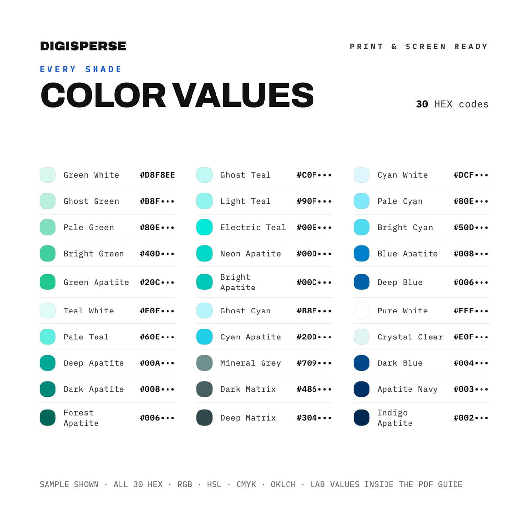 Vivid Teal Color Palette for Gemstone Art and Crystal Healing Branding, 30 Apatite Blue Hues, Procreate Swatches, Hex Codes