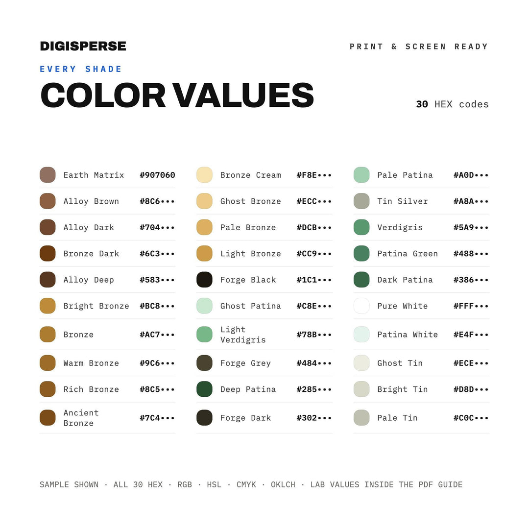 Bronze Age Color Palette | 30 Procreate Swatches, HEX, RGB, CMYK (Digital Download)