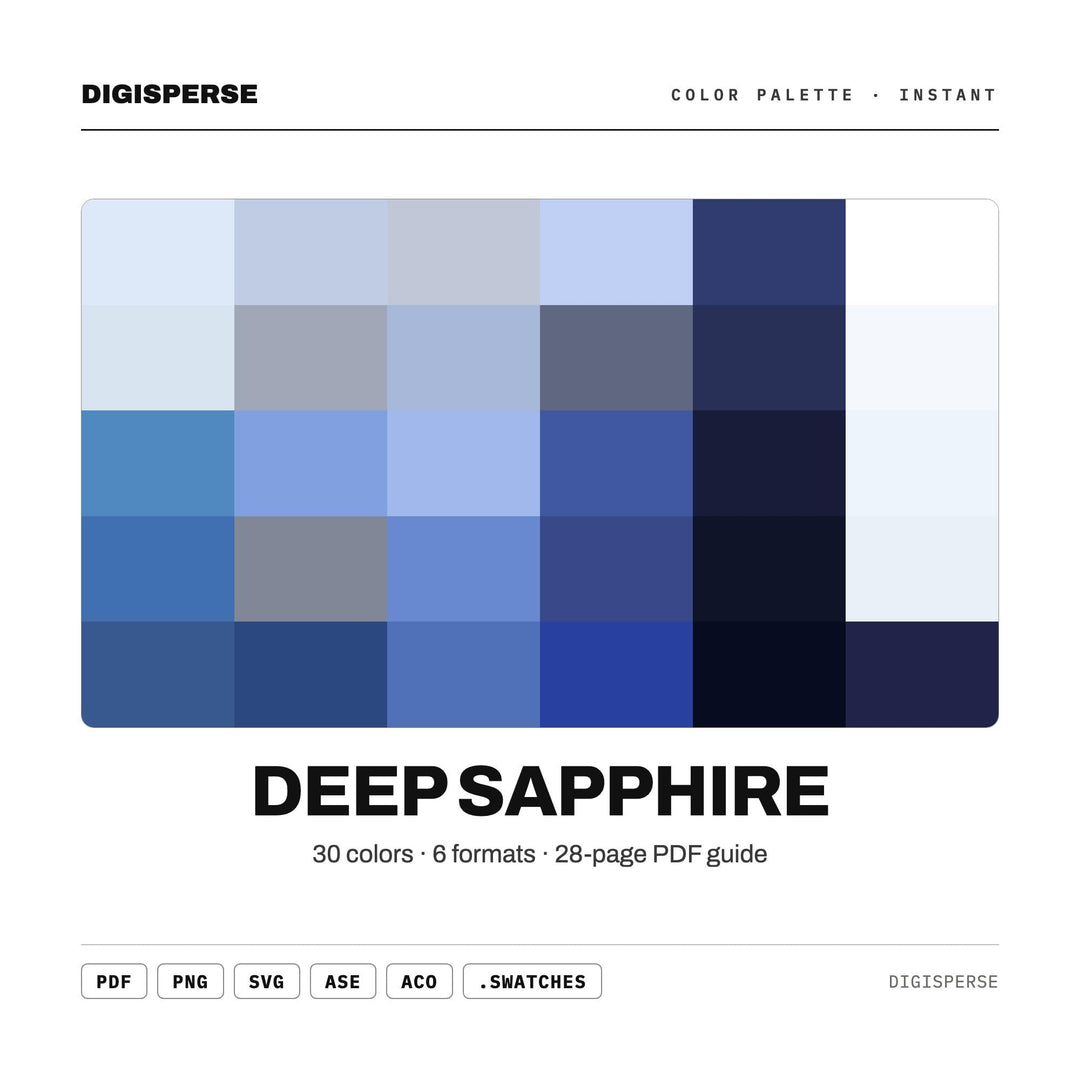 Deep Sapphire Color Palette | 30 Colors | Hex RGB CMYK | Color Guide | Procreate Swatches + ASE | Digital Download
