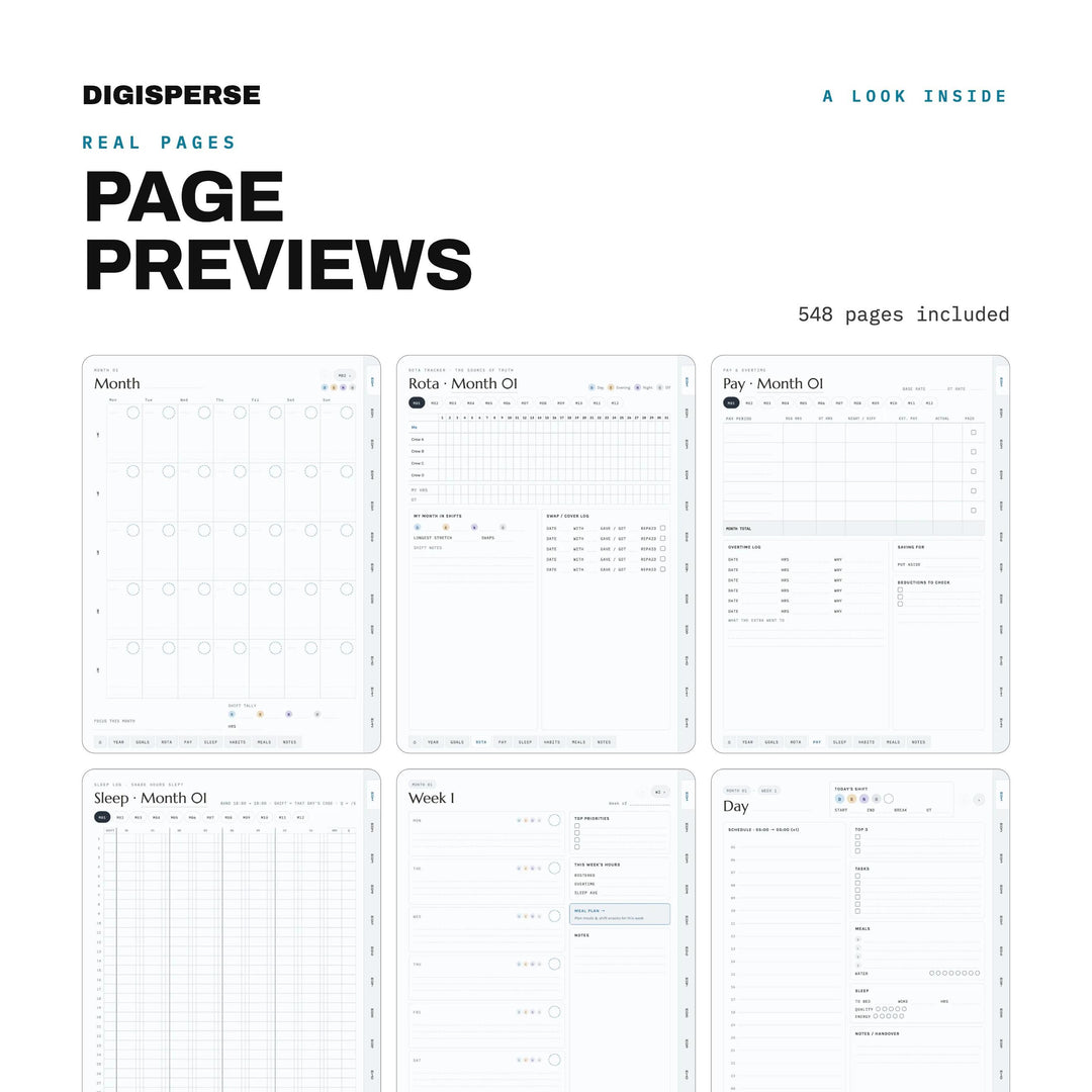 Undated Nurse Shift Planner | Clean Clinical Digital PDF, 548 Hyperlinked Pages | Rotation, Pay + Sleep Trackers | Reusable Year to Year