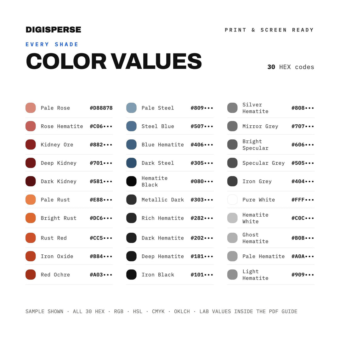 Metallic Grey Color Palette for Industrial Mineral Art and Sleek Branding, 30 Hematite Iron Hues, Procreate Swatches, Hex Codes