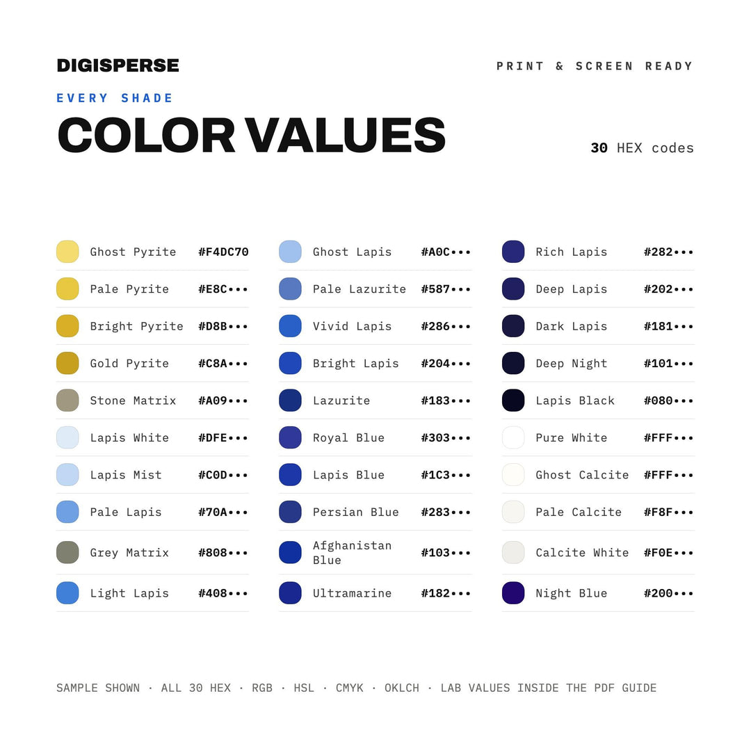 Lapis Lazuli Color Palette | 30 Procreate Swatches, HEX RGB CMYK Guide (Digital Download)