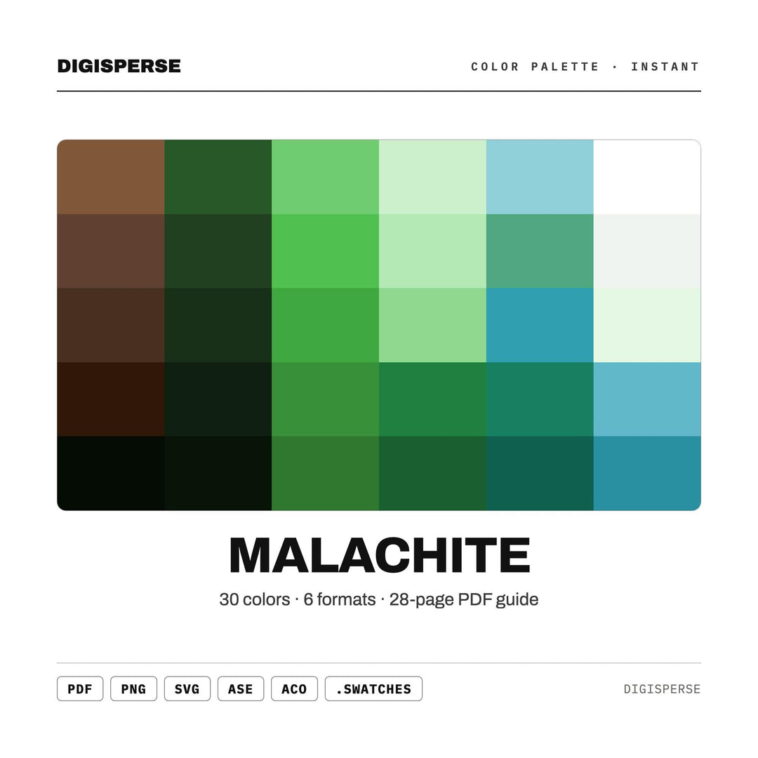 Rich Green Color Palette for Gemstone Mineral Art and Luxury Branding, 30 Malachite Banded Hues, Procreate Swatches, Hex Codes