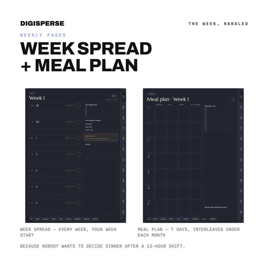 Night Shift Planner 2026-2027 – Dark Mode Digital PDF, Hyperlinked Pages