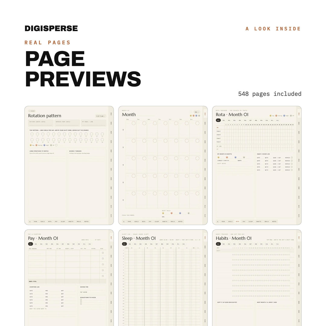 Undated Shift Work Planner | Warm Minimal Digital PDF, 548 Hyperlinked Pages | Rotation, Pay + Sleep Trackers | Reusable for Any Year