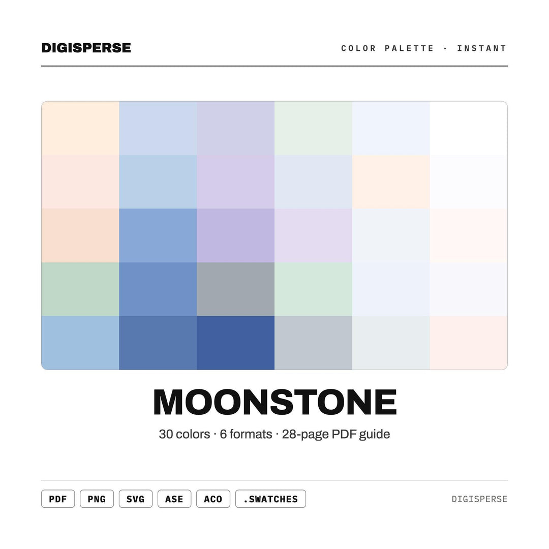 Milky Iridescent Color Palette for Crystal Gemstone Art and Mystical Branding, 30 Moonstone Glow Hues, Procreate Swatches, Hex Codes