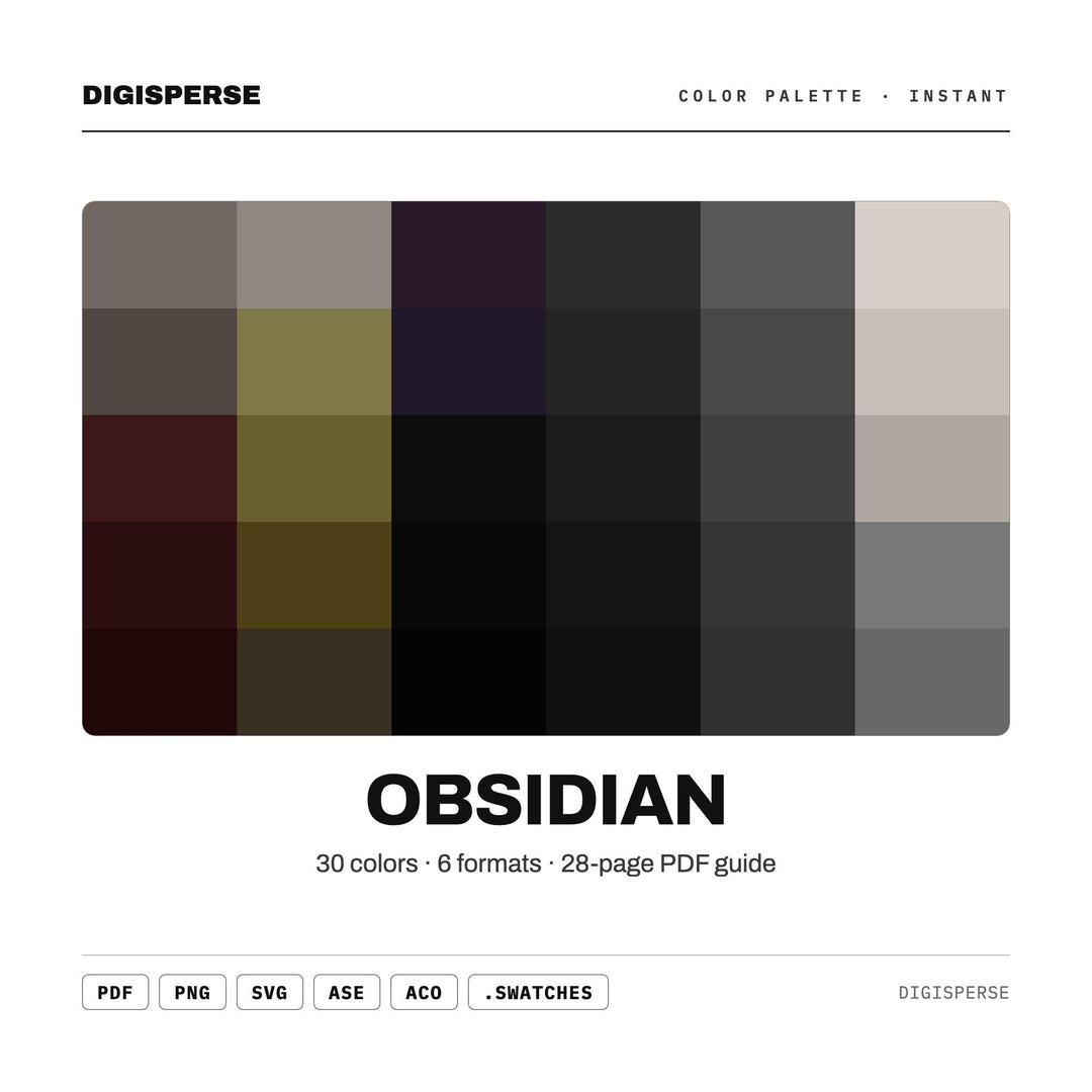 Deep Black Color Palette for Volcanic Glass Art and Sleek Modern Branding, 30 Obsidian Sheen Hues, Procreate Swatches, Hex Codes