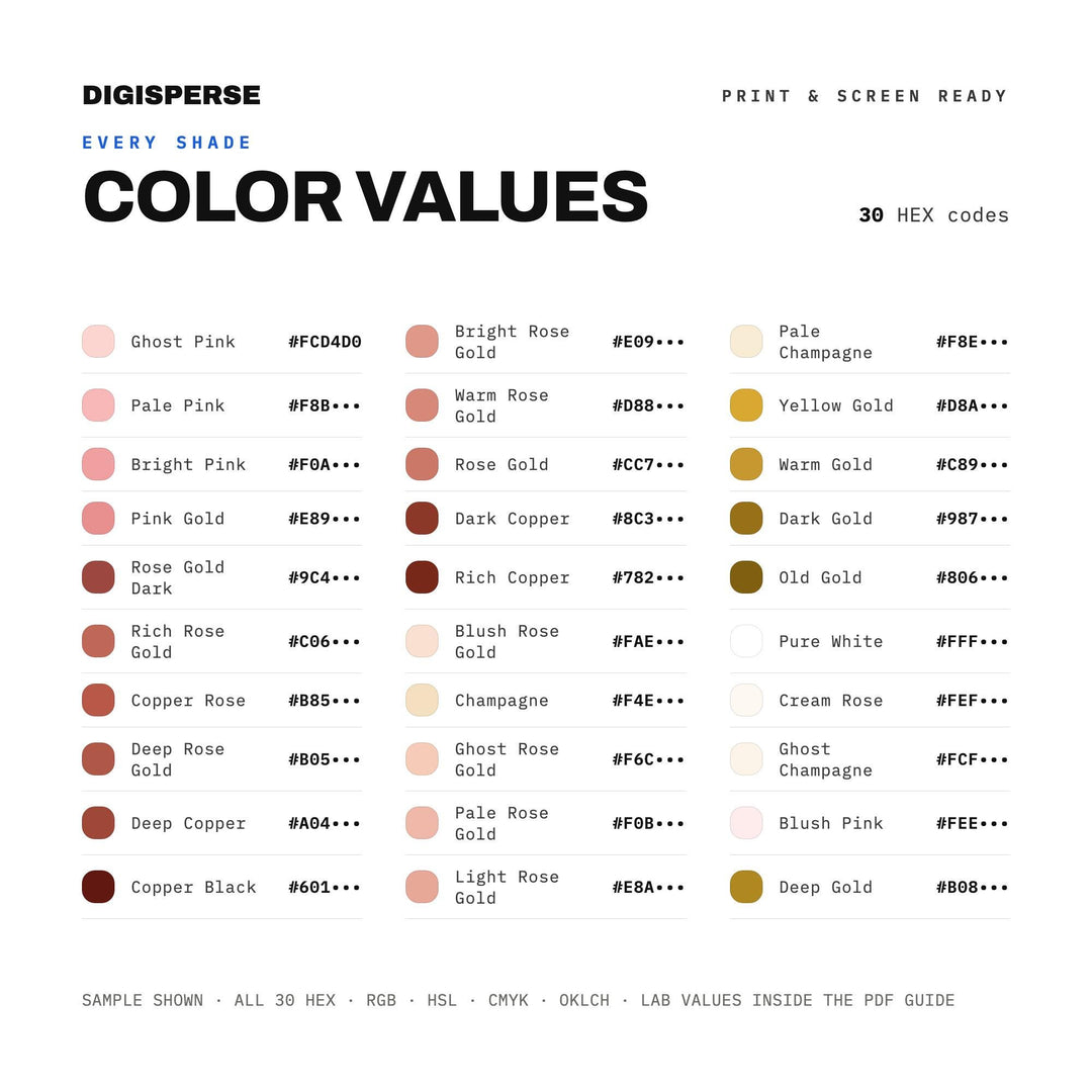 Rose Gold Color Palette | 30 Procreate Swatches, HEX, RGB, CMYK (Digital Download)