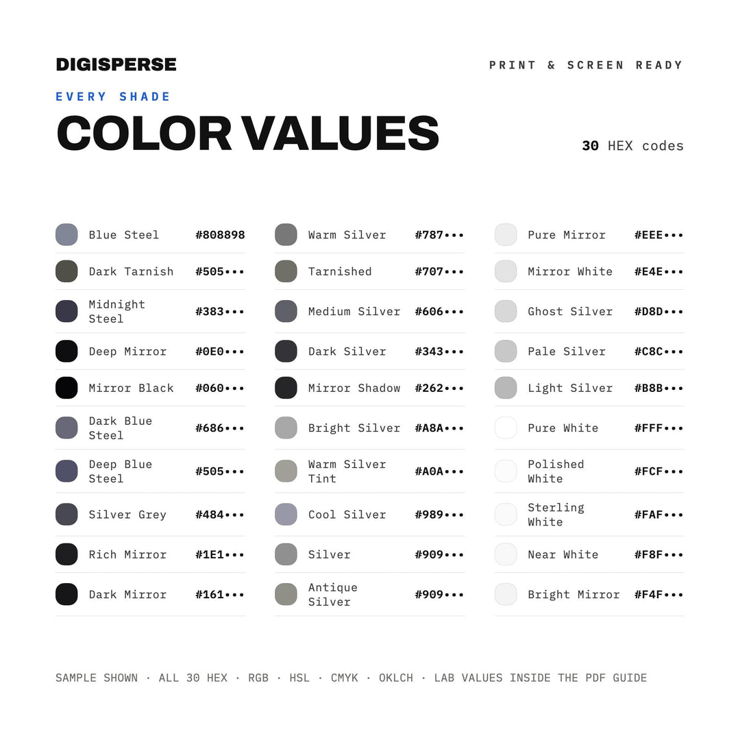 Silver Mirror Color Palette | 30 Colors | Hex RGB CMYK | Color Guide | Procreate Swatches + ASE | Digital Download