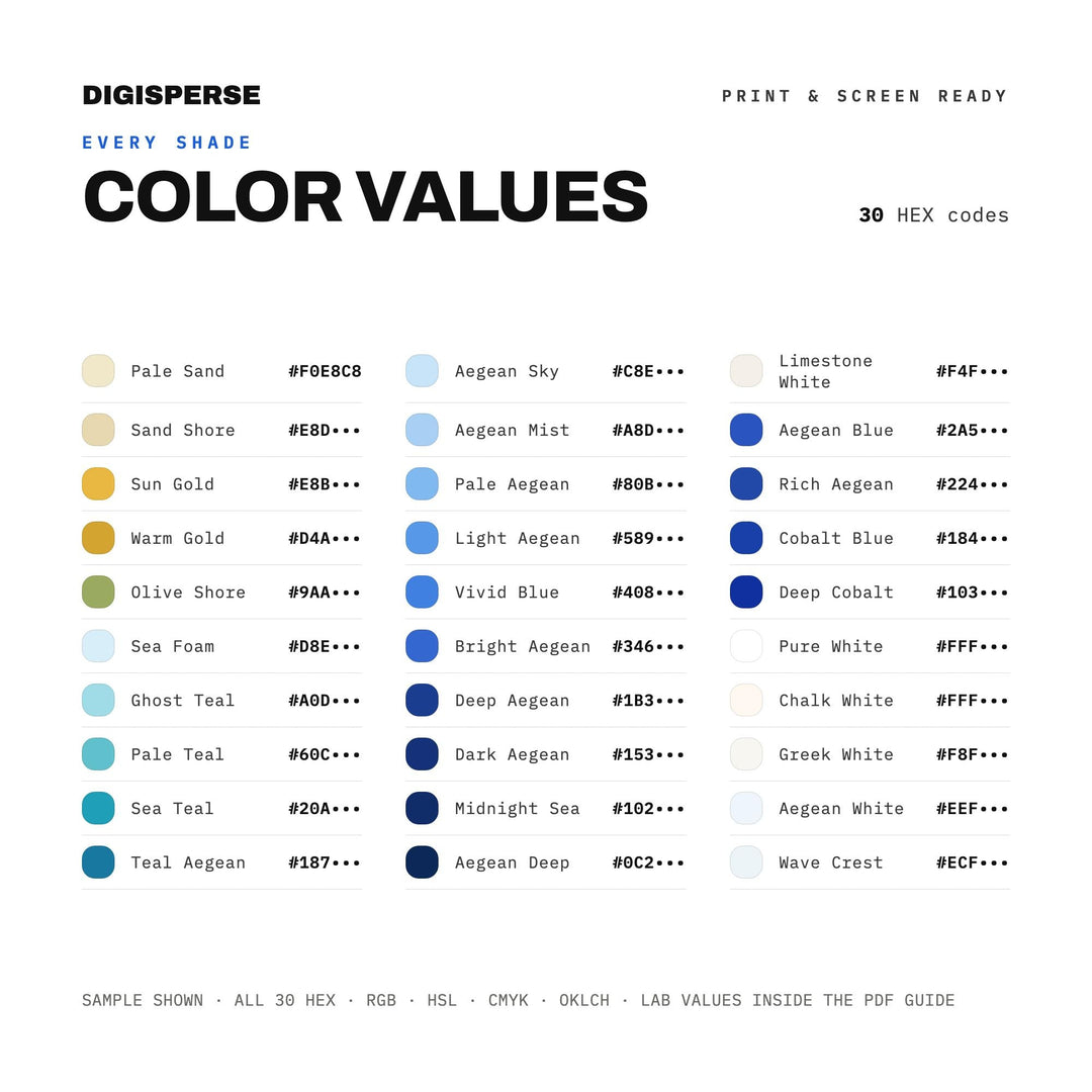 Aegean Blue Color Palette | 30 Colors | Hex RGB CMYK | Color Guide | Procreate Swatches + ASE | Digital Download