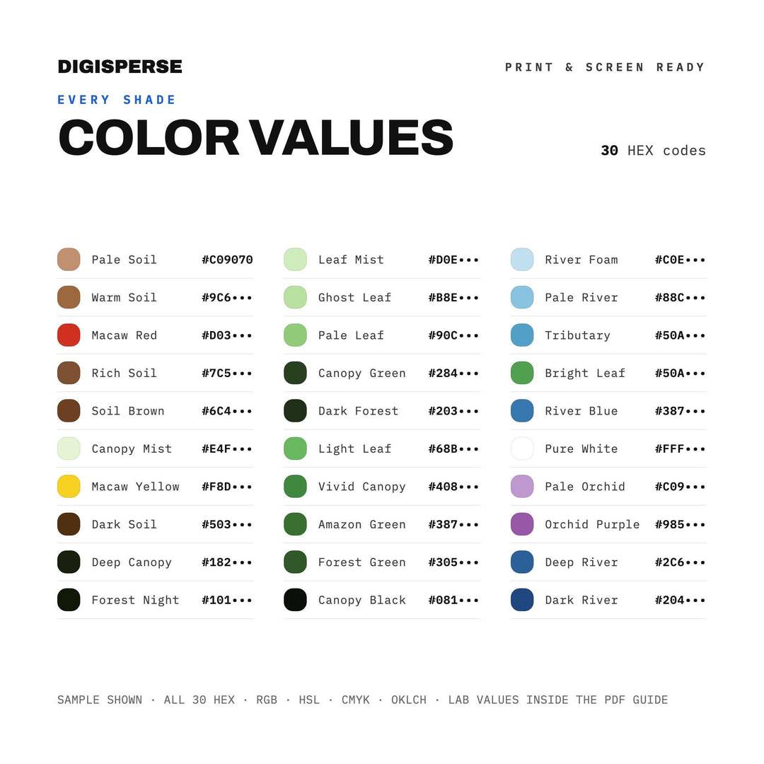 Amazon Basin Color Palette | 30 Colors | Hex RGB CMYK | Color Guide | Procreate Swatches + ASE | Digital Download