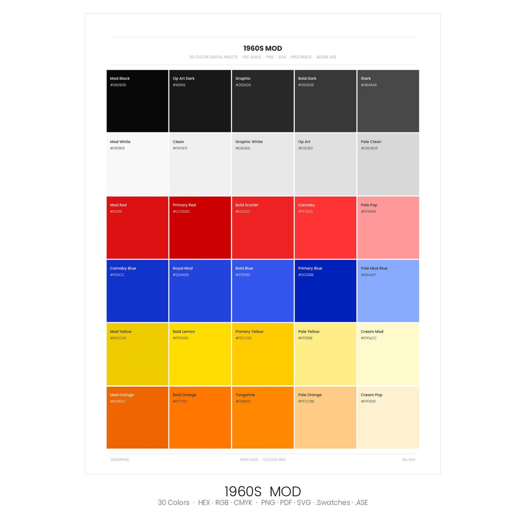 1960s Mod Color Palette | 30 Colors | Hex RGB CMYK | Color Guide | Procreate Swatches + ASE | Digital Download