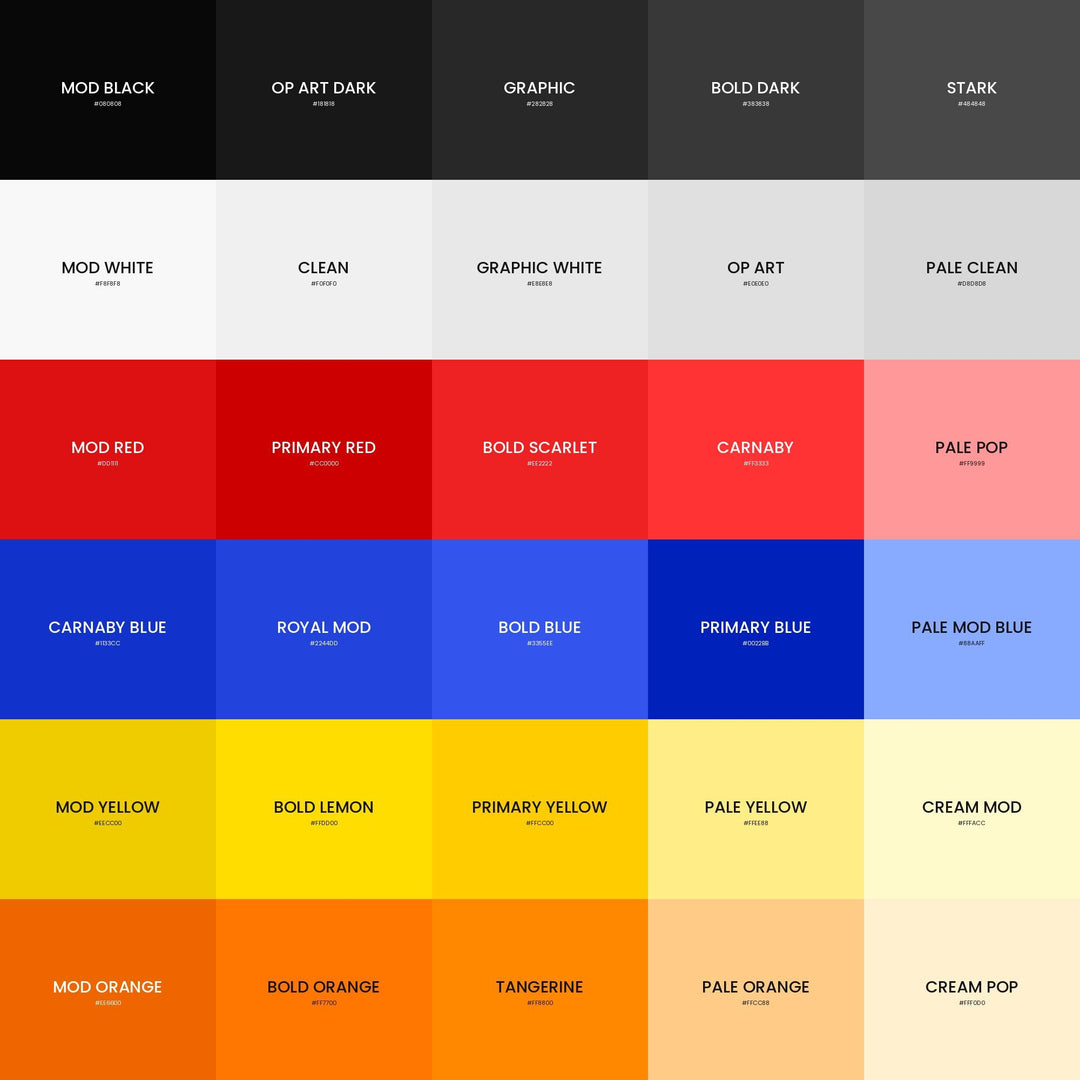 1960s Mod Color Palette | 30 Colors | Hex RGB CMYK | Color Guide | Procreate Swatches + ASE | Digital Download