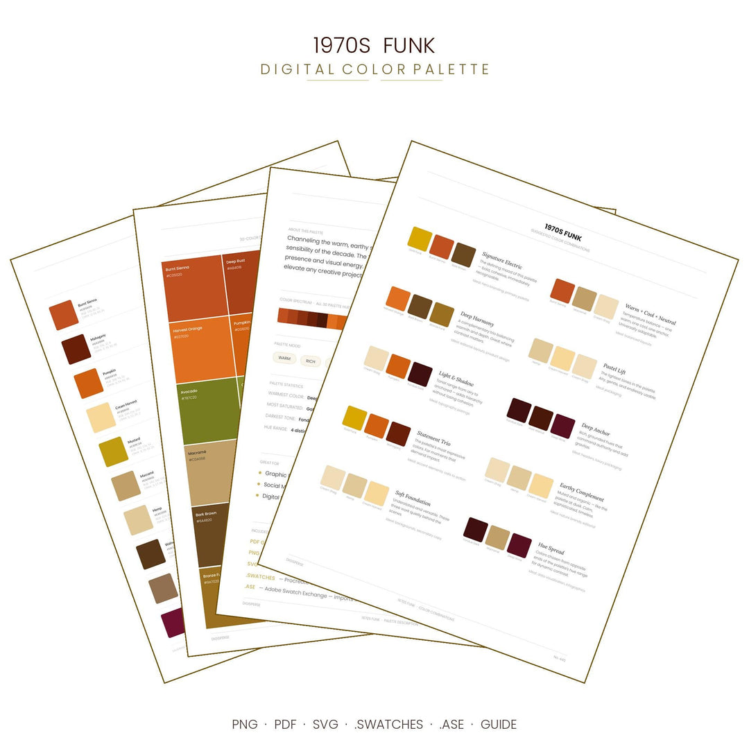 1970s Funk Color Palette | 30 Colors | Hex RGB CMYK | Color Guide | Procreate Swatches + ASE | Digital Download