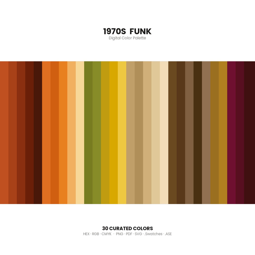 1970s Funk Color Palette | 30 Colors | Hex RGB CMYK | Color Guide | Procreate Swatches + ASE | Digital Download