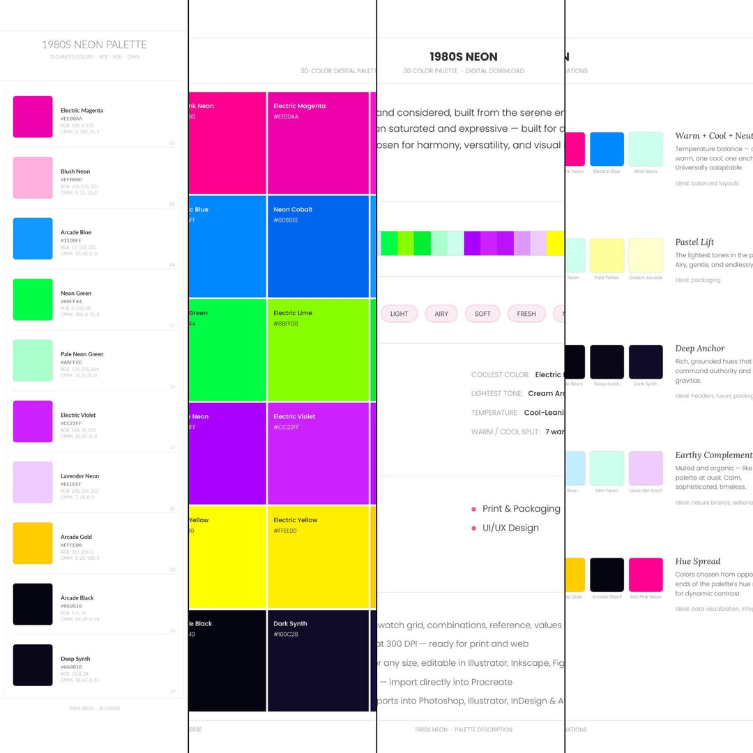 1980s Neon Color Palette | 30 Hex RGB CMYK Swatches (Digital Download)