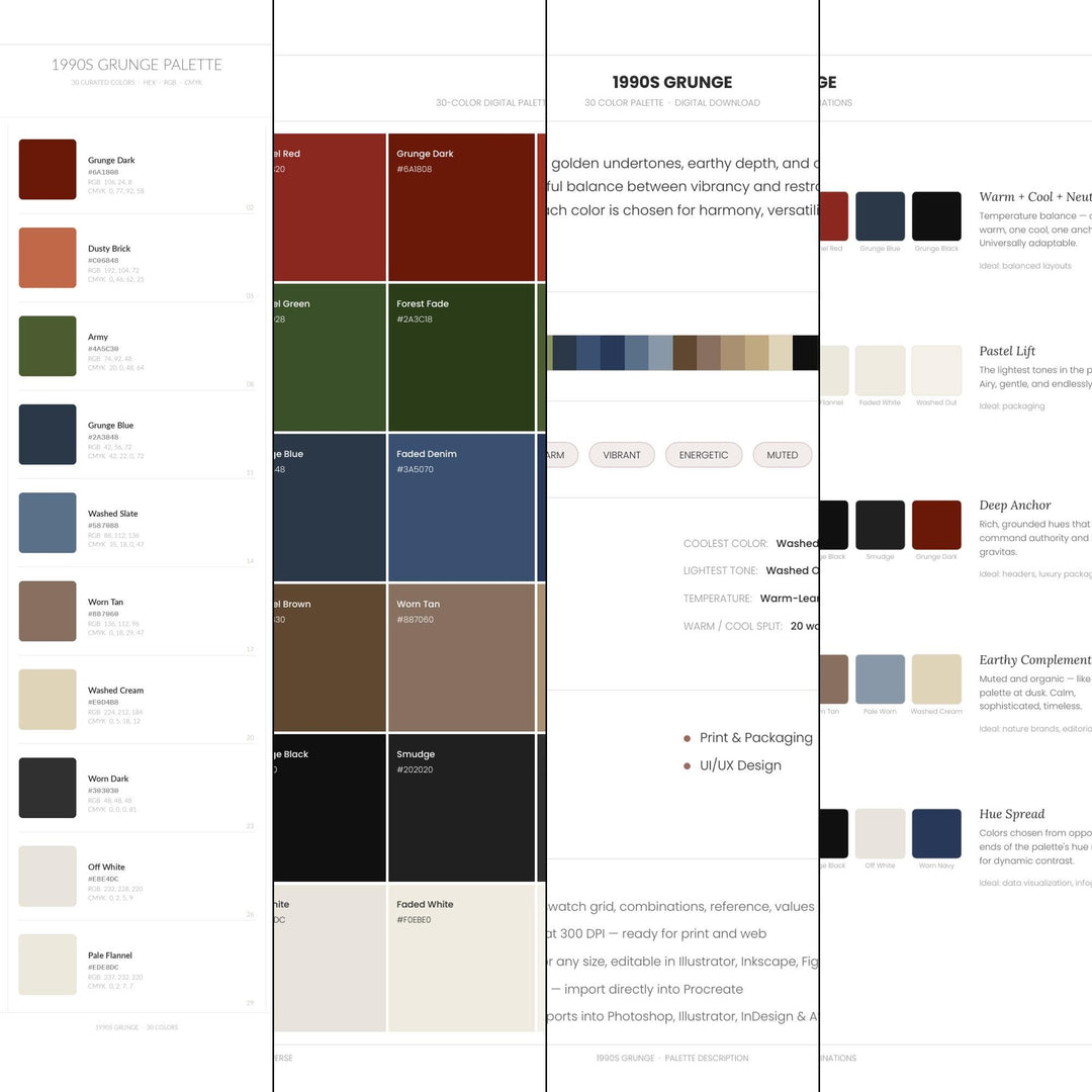 1990s Grunge Color Palette | 30 Colors | Hex RGB CMYK | Color Guide | Procreate Swatches + ASE | Digital Download