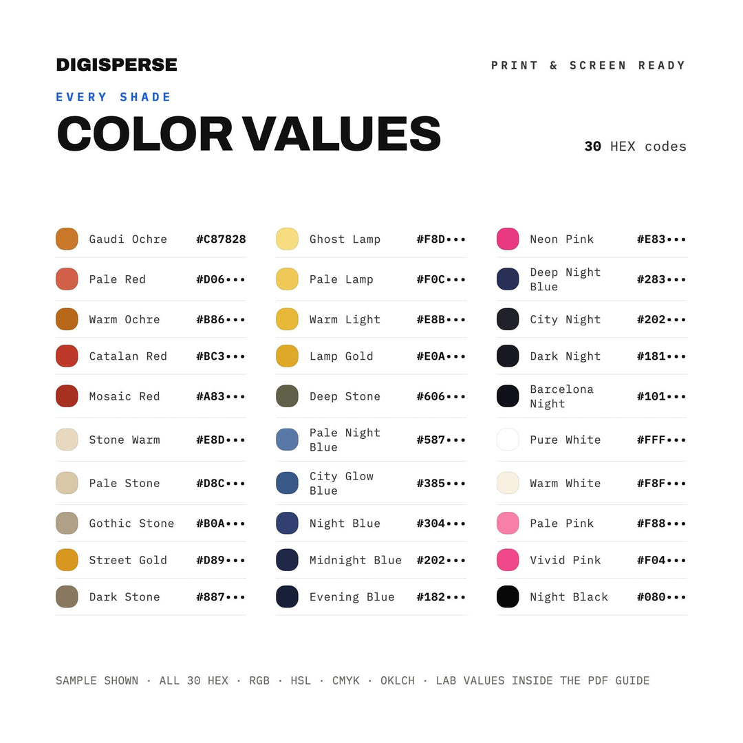 Barcelona At Night Color Palette | 30 Procreate Swatches, HEX, RGB, CMYK (Digital Download)