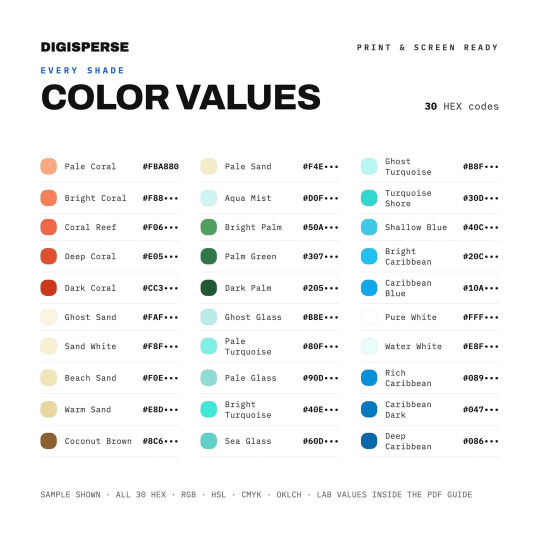 Caribbean Shore Color Palette | 30 Procreate Swatches, HEX, RGB, CMYK (Digital Download)