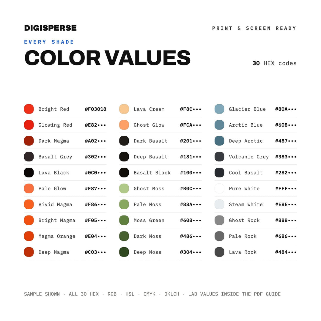 Icelandic Lava Color Palette | 30 Procreate Swatches, ASE, PDF Guide (Digital Download)