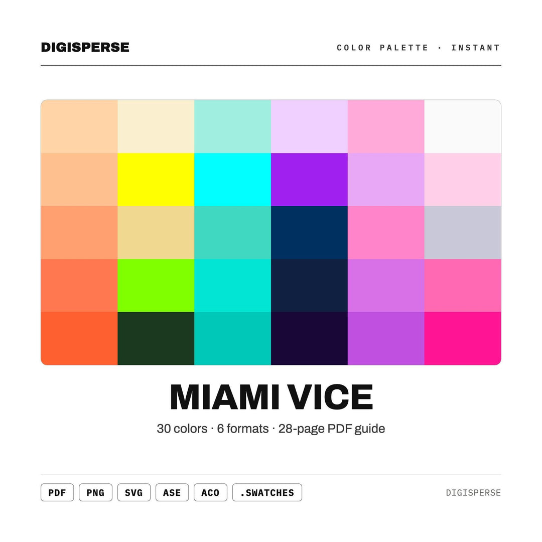 Miami Vice Color Palette | 30 Procreate Swatches, HEX, RGB, CMYK (Digital Download)