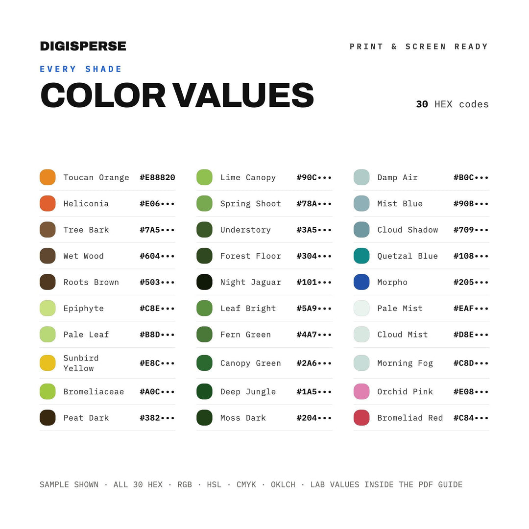 Monteverde Cloud Forest Color Palette | 30 Colors | Hex RGB CMYK | Color Guide | Procreate Swatches + ASE | Digital Download
