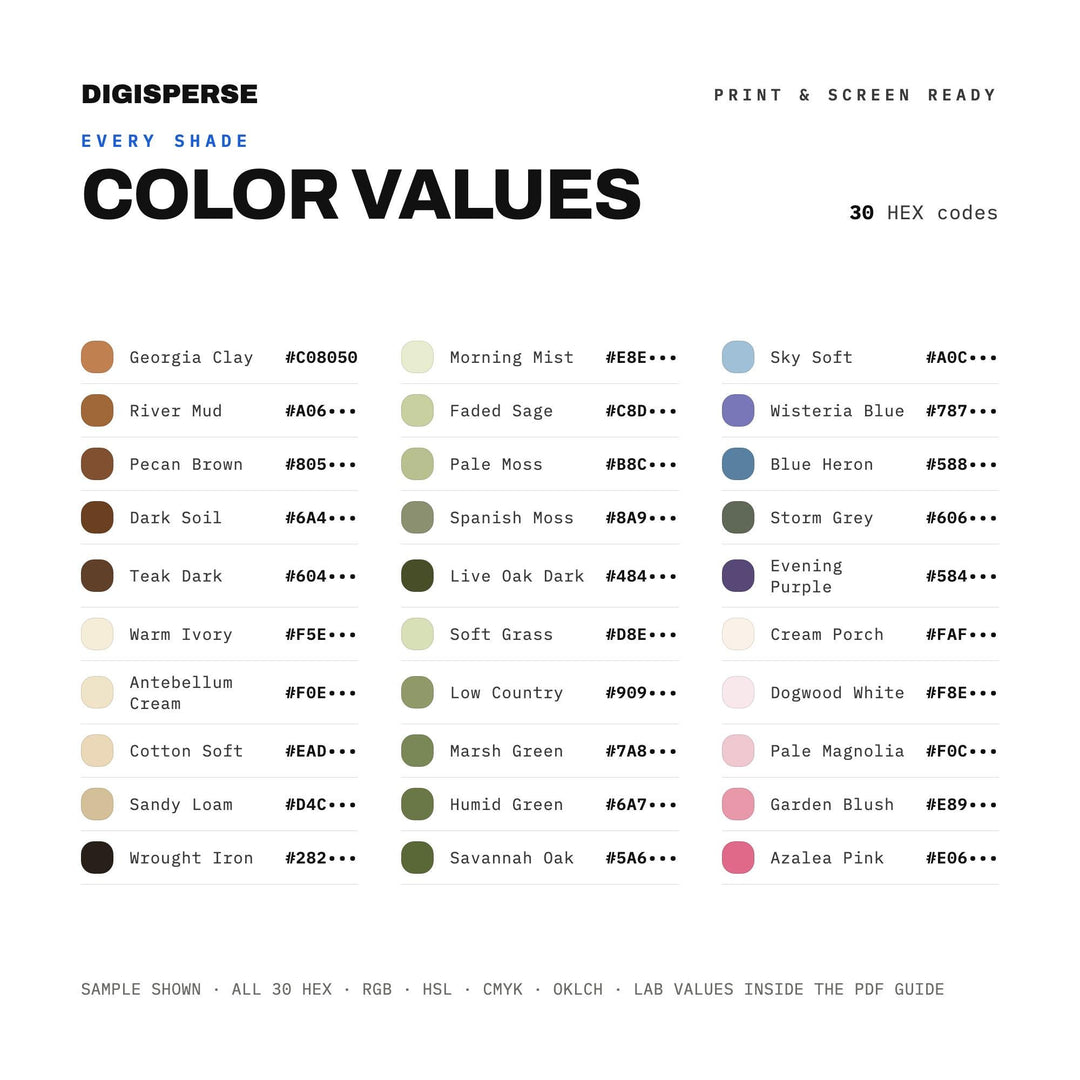 Savannah Georgia Color Palette | 30 Procreate Swatches, HEX, RGB, CMYK (Digital Download)