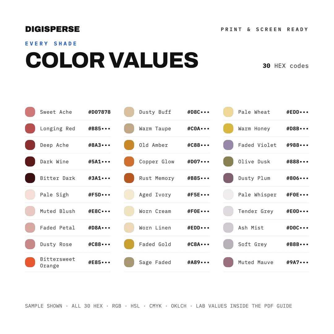 Warm Nostalgic Color Palette for Sentimental Art and Cozy Memoir Branding, 30 Bittersweet Muted Hues, Procreate Swatches, Hex Codes