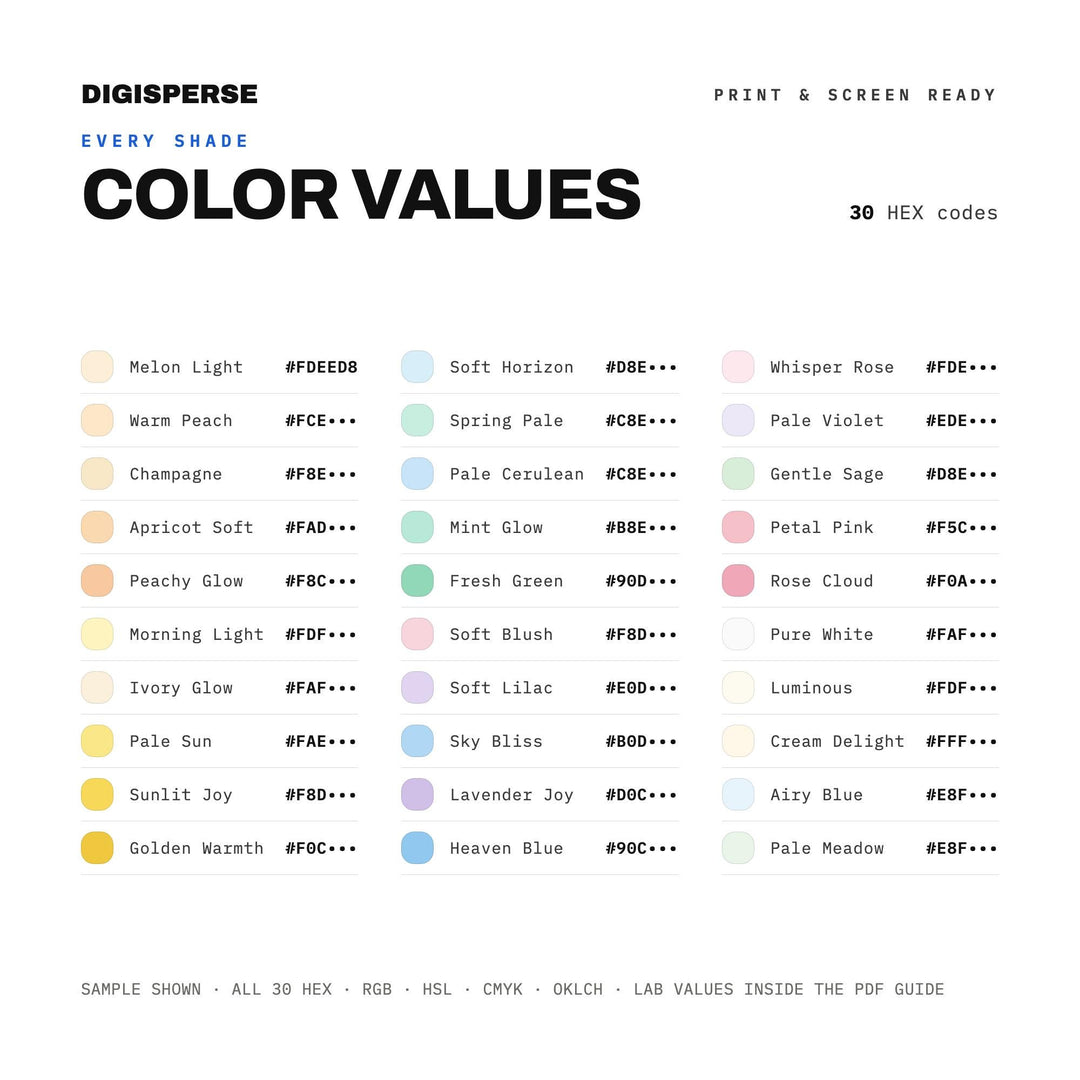 Bliss Color Palette | 30 Procreate Swatches, HEX, RGB, CMYK (Digital Download)