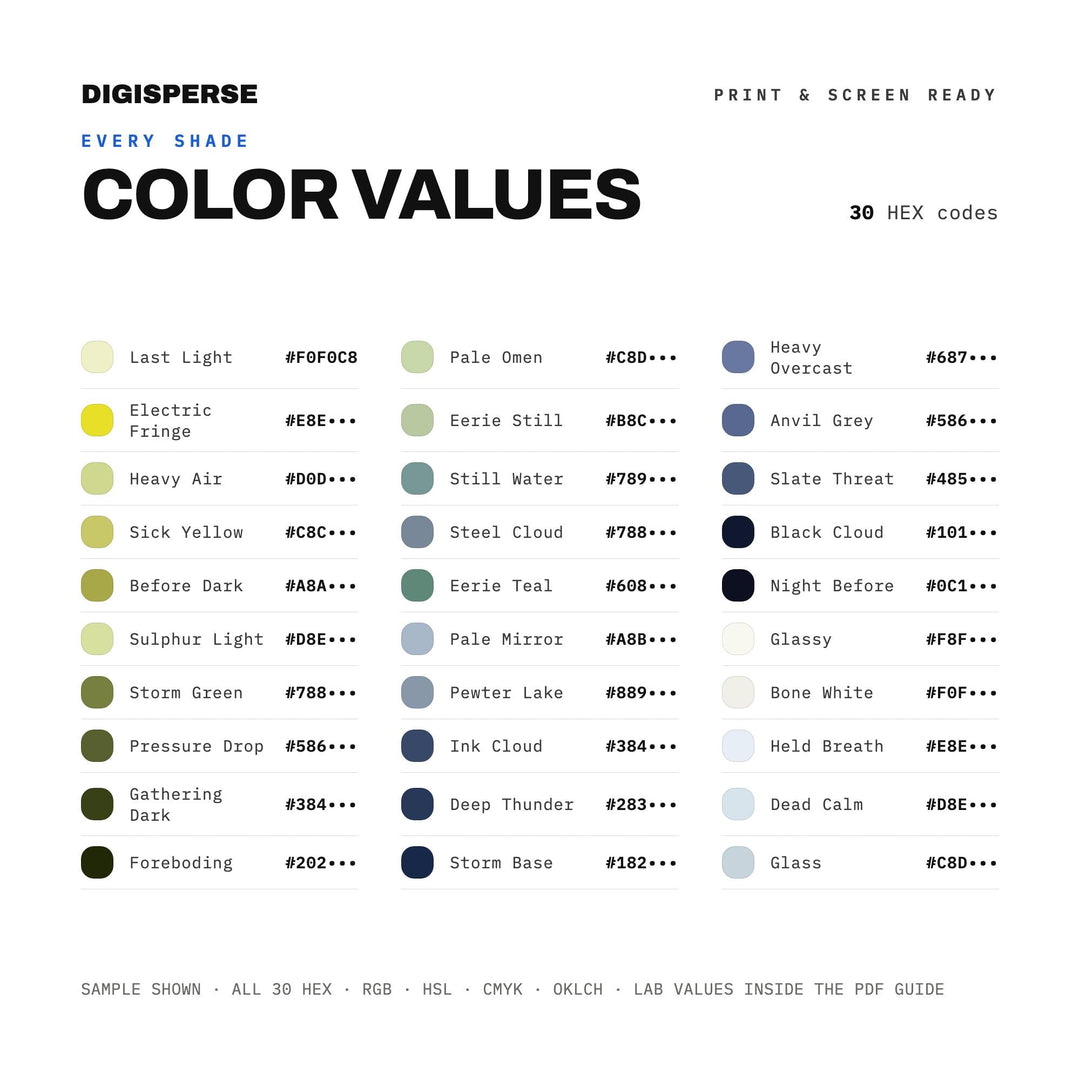 Moody Grey Color Palette for Dramatic Sky Art and Atmospheric Branding, 30 Calm Before Storm Hues, Procreate Swatches, Hex Codes