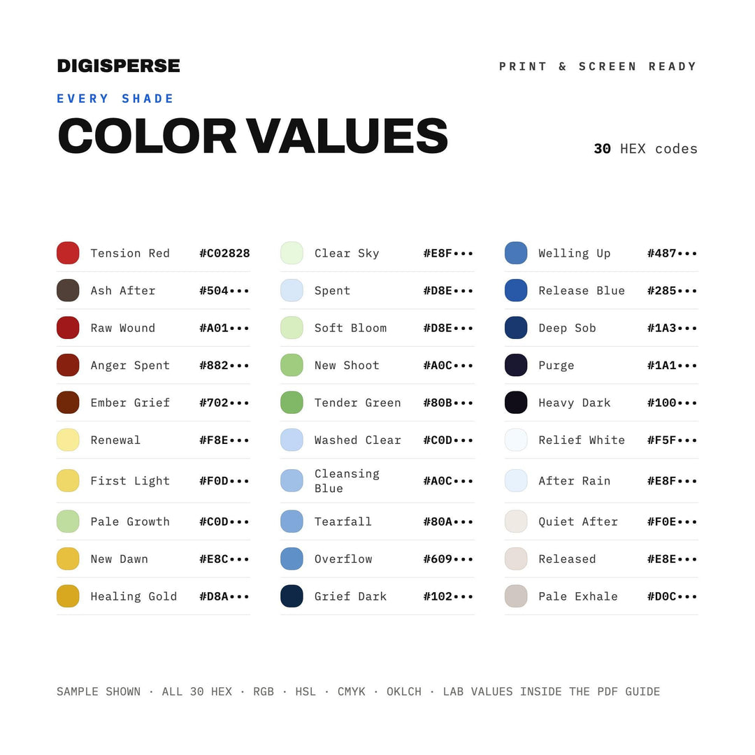 Emotional Deep Color Palette for Expressive Abstract Art and Healing Branding, 30 Cathartic Renewal Hues, Procreate Swatches, Hex Codes
