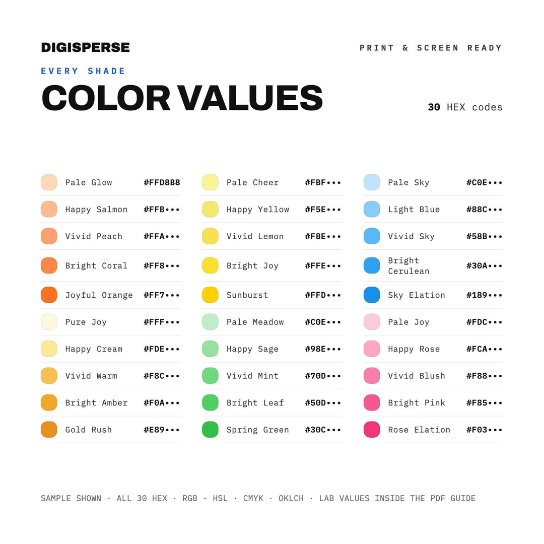 Bright Joyful Color Palette for Uplifting Branding and Cheerful Kids Art, 30 Elated Happy Hues, Procreate Swatches, Hex Codes