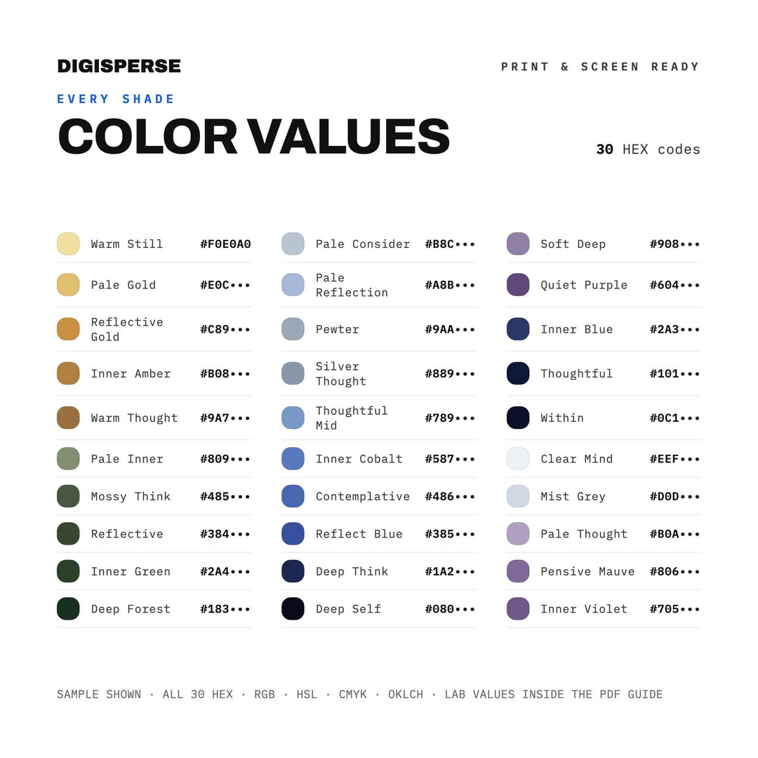 Muted Contemplative Color Palette for Mindful Journal Art and Calm Branding, 30 Introspective Hues, Procreate Swatches, Hex Codes