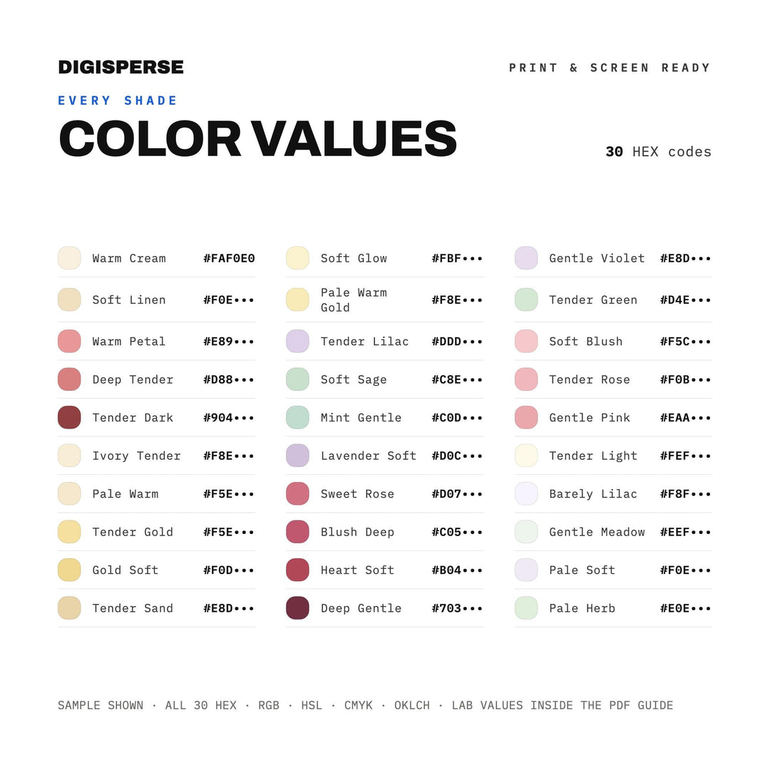 Soft Gentle Color Palette for Romantic Wedding Art and Delicate Branding, 30 Tender Blush Hues, Procreate Swatches, Hex Codes