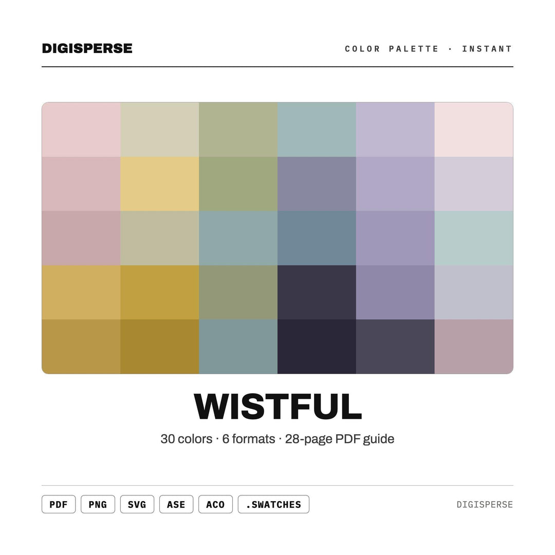 Soft Nostalgic Color Palette for Sentimental Memory Art and Gentle Branding, 30 Wistful Faded Hues, Procreate Swatches, Hex Codes