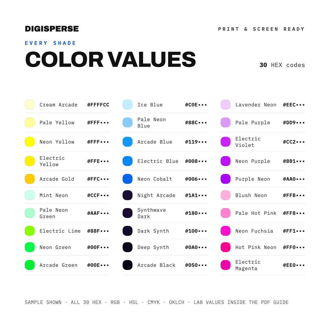 1980s Neon Color Palette | 30 Procreate Swatches, ASE Guide (Digital Download)
