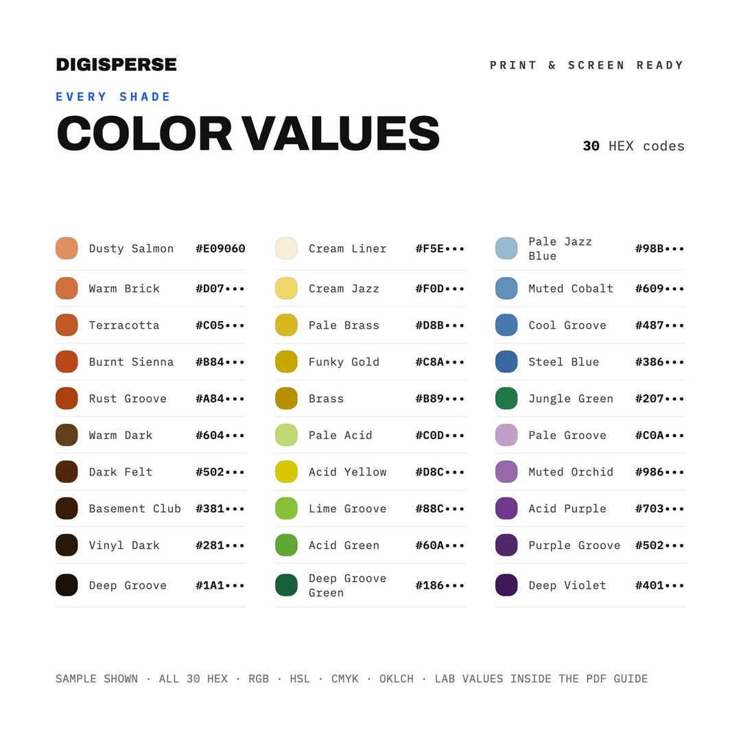 Retro Funk Color Palette for Groovy Poster Art and Music Branding, 30 Vibrant 70s Inspired Hues with Hex Codes, Procreate Swatches