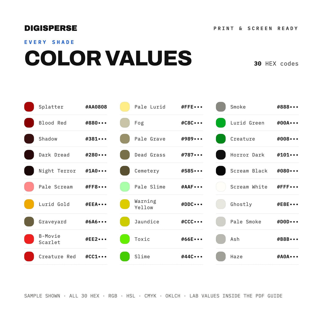 Lurid Pulp Color Palette for Retro Horror Poster Art and Cult Film Branding, 30 B Movie Hues, Procreate Swatches, Hex Codes
