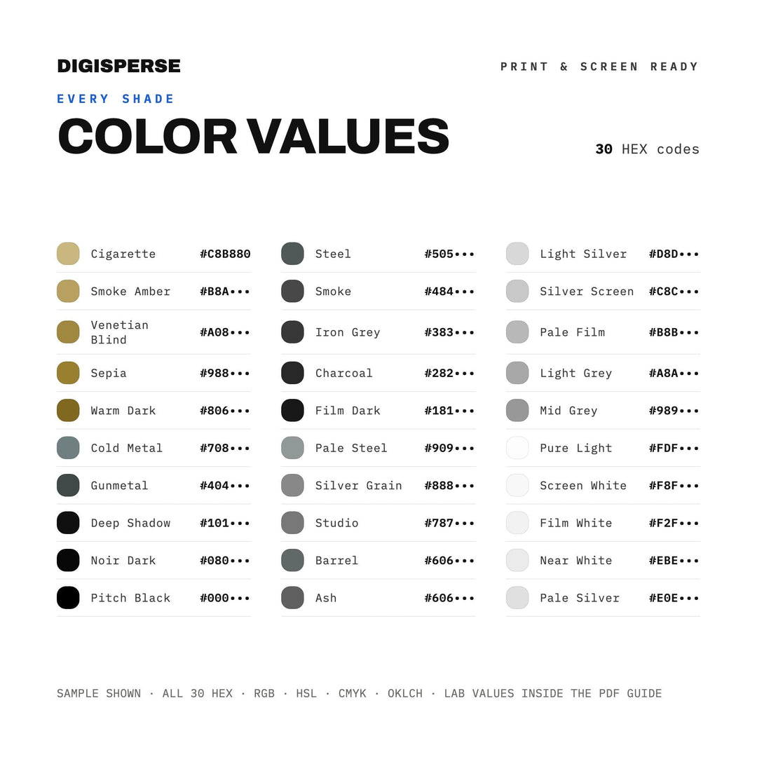Cinema Noir Color Palette | 30 Colors | Hex RGB CMYK | Color Guide | Procreate Swatches + ASE | Digital Download