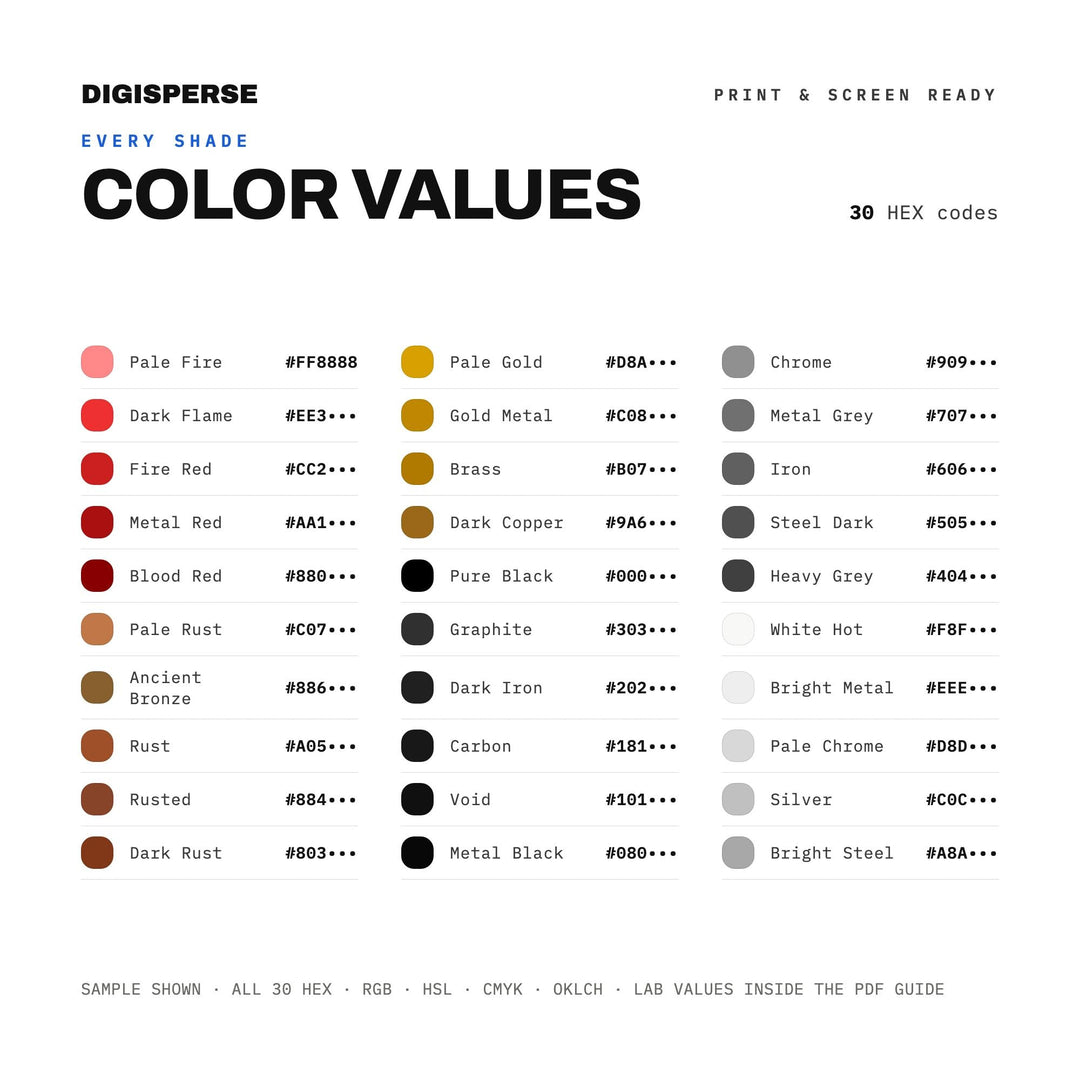 Heavy Metal Color Palette | 30 Colors | Hex RGB CMYK | Color Guide | Procreate Swatches + ASE | Digital Download