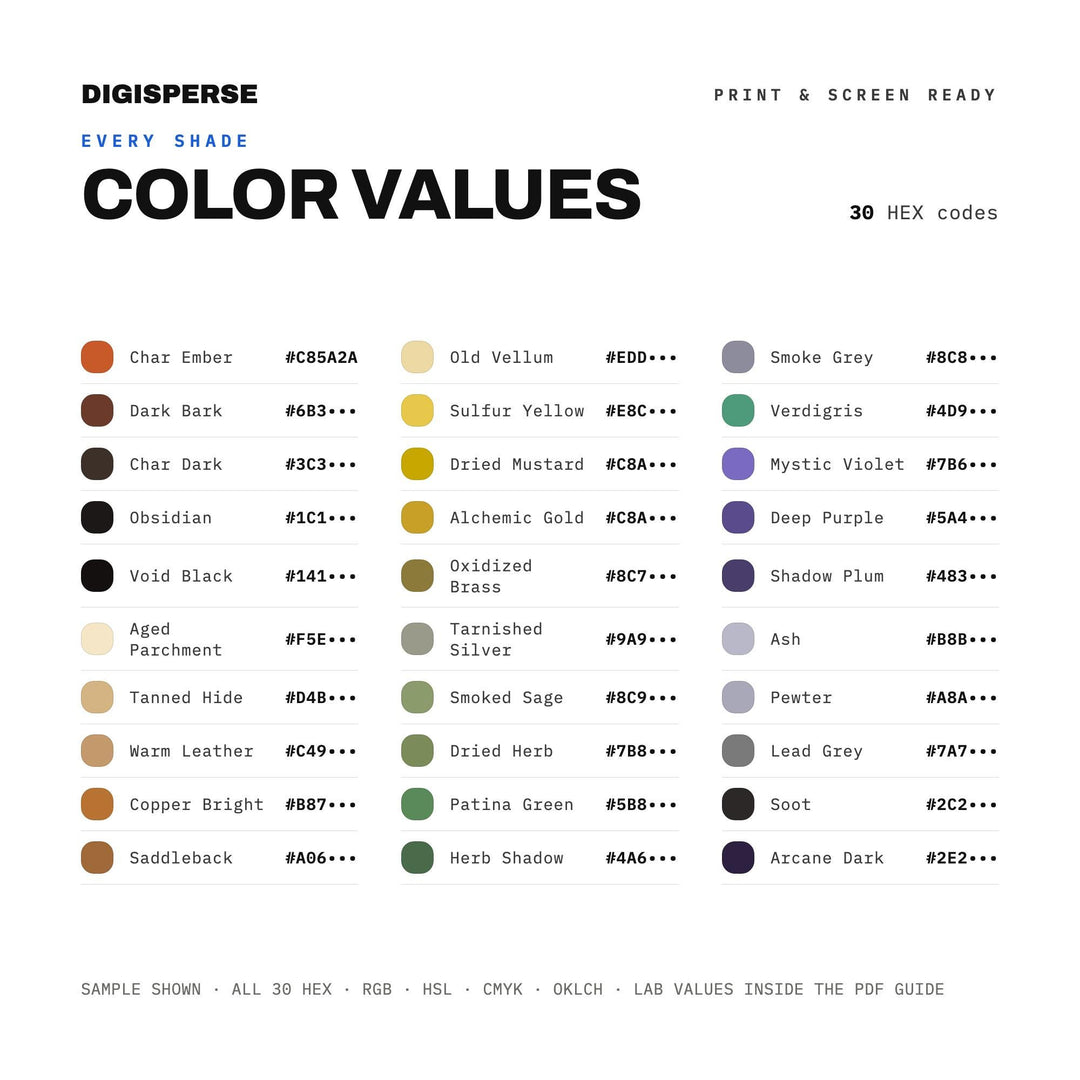 Alchemist's Lab Color Palette | 30 Procreate Swatches, HEX, RGB, CMYK (Digital Download)